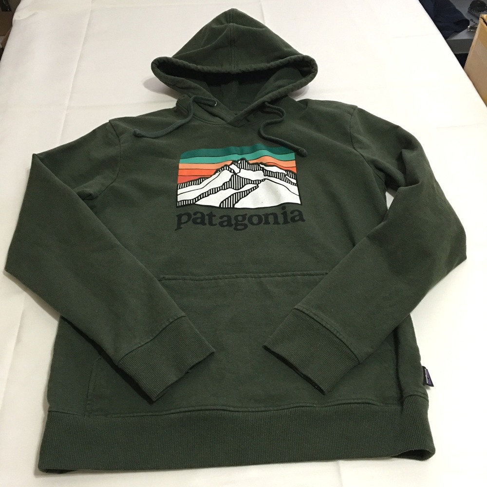 Patagonia Mens Line Logo Ridge Uprisal Hoody Small Green Logo Mountain Graphic